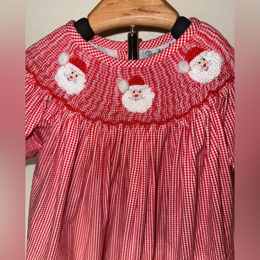 Smockingbird gingham smocked bishop dress with Santa faces, sir 24 mos - Picture 3 of 5